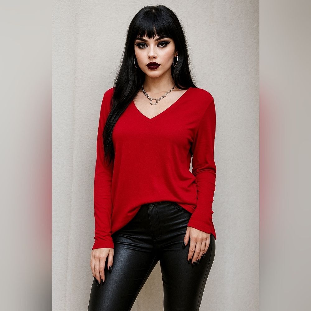 Bamboo Knit Oversized S Red Vneck Stretch L/S Soft Comfy Cozy Dolman Sleeves